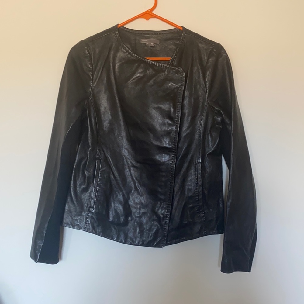 Vince Black Leather wrap Fitted asymmetrical  Jacket / Size Small